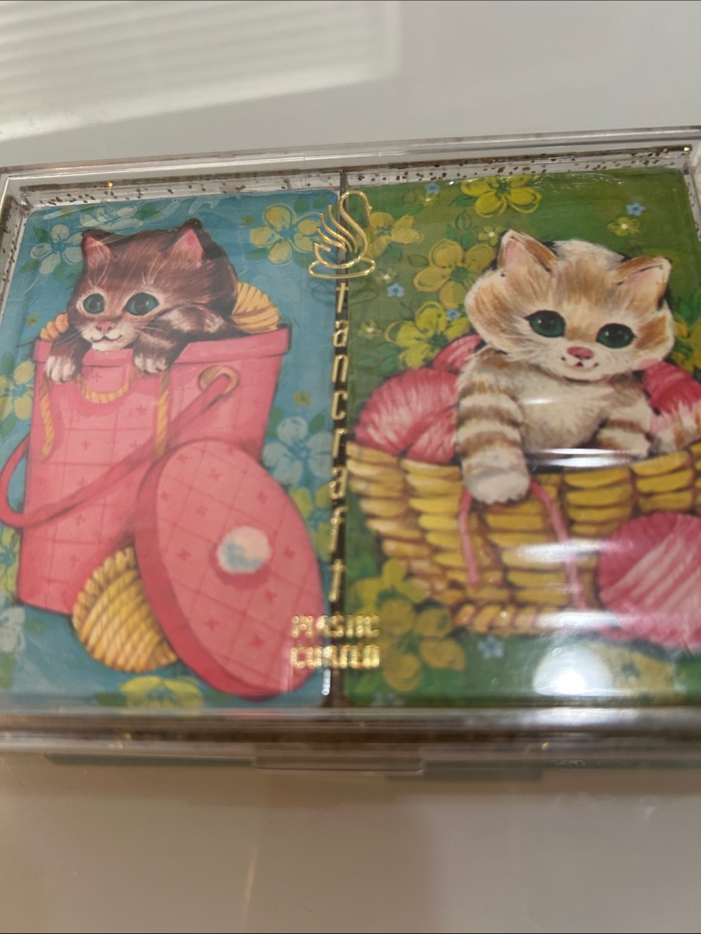 NWT vintage MCM Kittens Playing Card Set of2 glitter container Stancraft - Picture 2 of 7